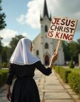 catholic woman holding a sign saying Jesus loves you, Christ is king, or Ave Crux Spes Unica, wearing a nice long dress and lace veil or mantilla.